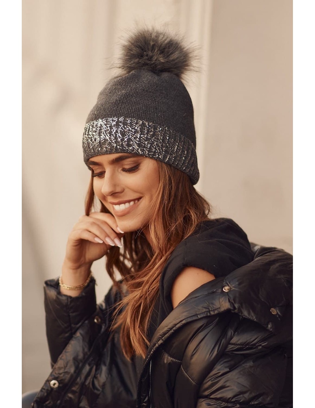 Winter hat with shiny graphite cuff C61 - Online store - Boutique